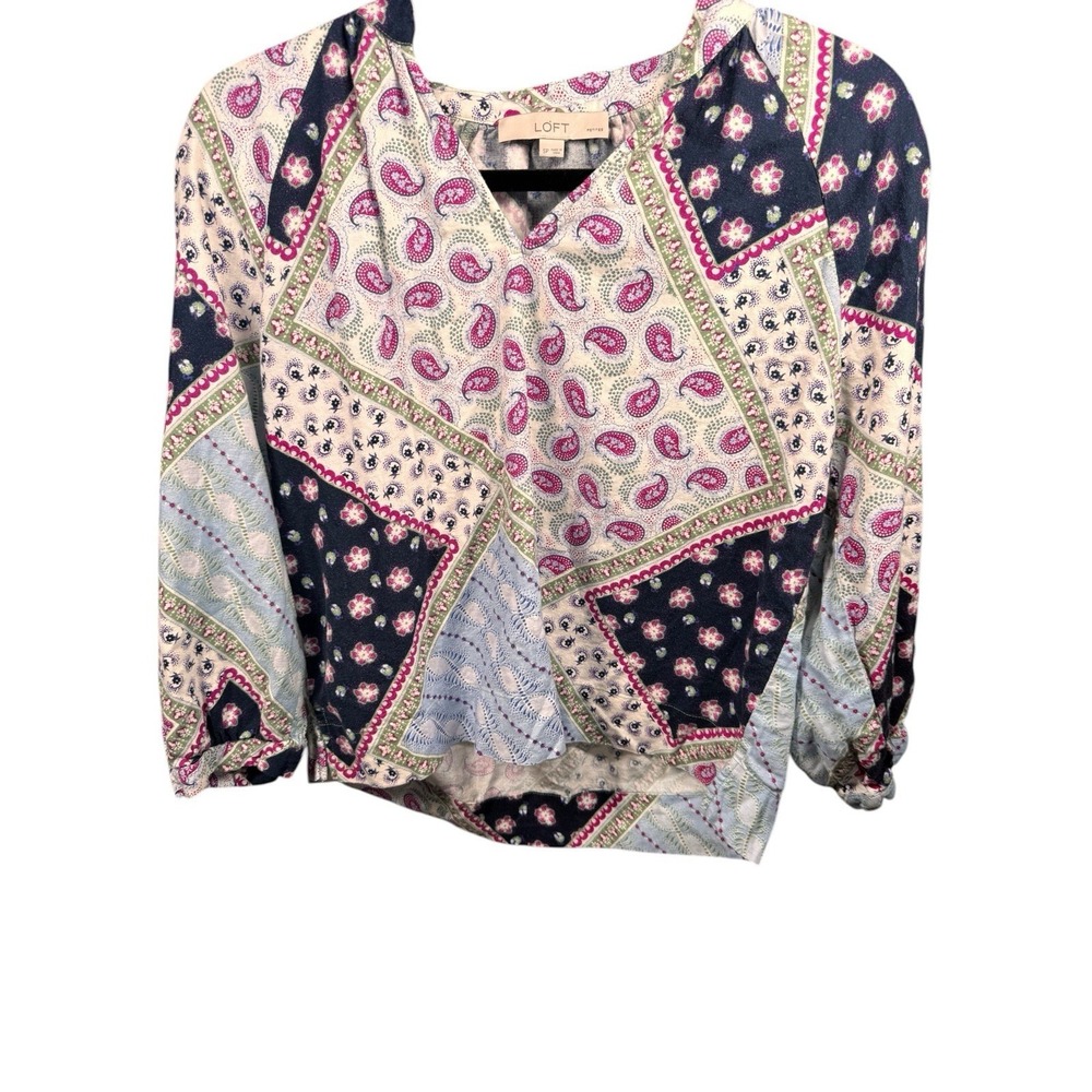 LOFT Petite Patchwork Paisley Blouse Women's SP Boho Cottagecore - Picture 2 of 8
